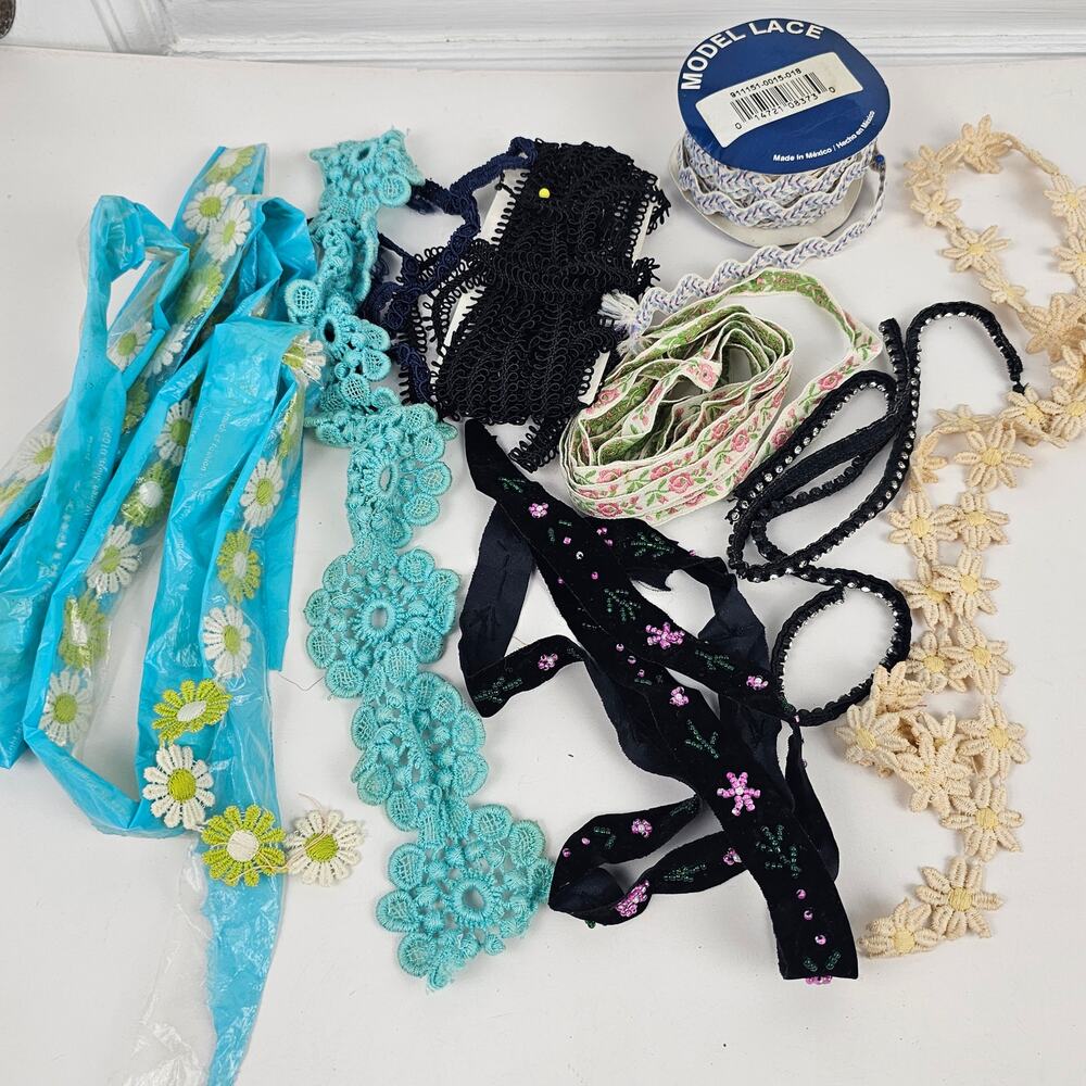 Lot vintage lace, beaded trim, rhinestone ribbon more